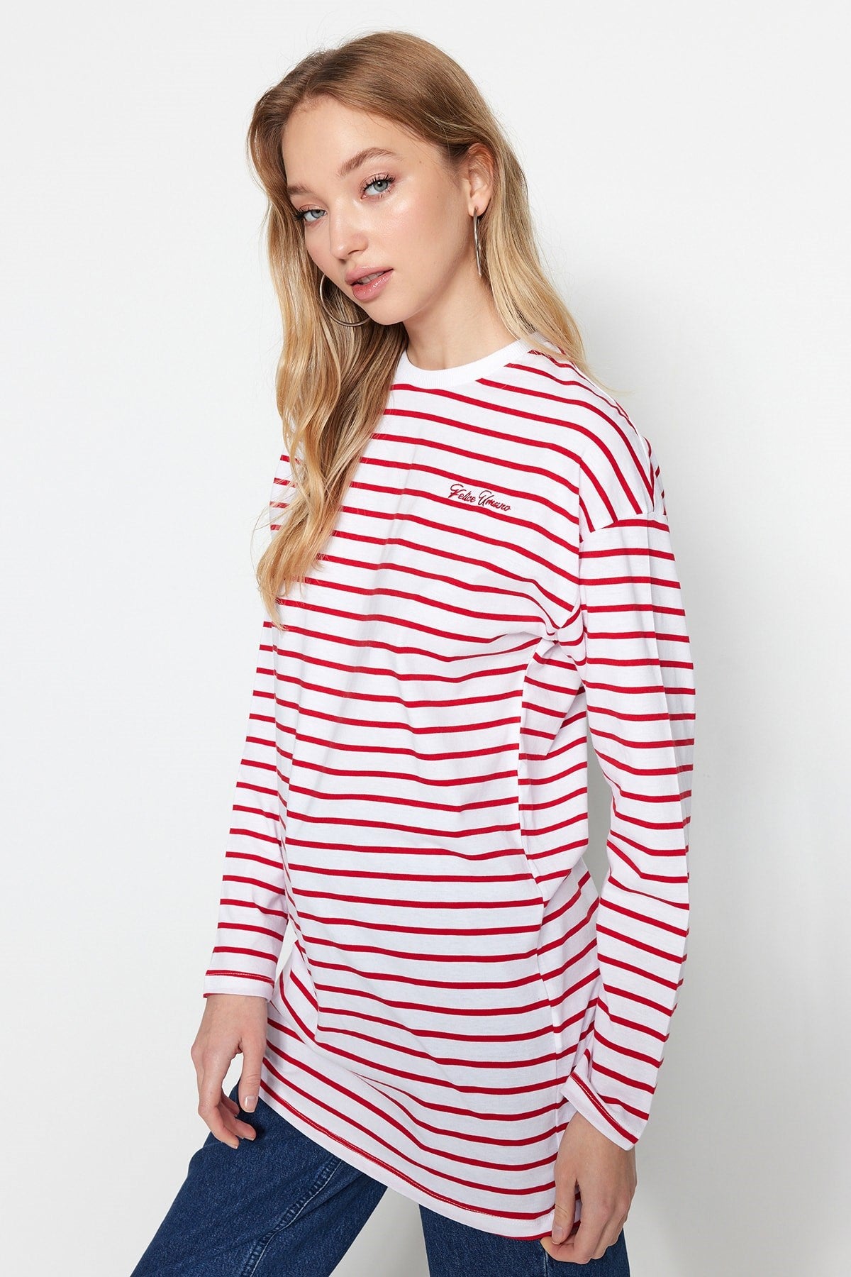 Red Striped Embroidery Detailed Knitted Tunic Tctss23uk00034