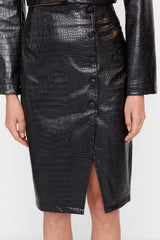 Black Faux Snakeskin Slit Detailed Midi Woven Skirt Twoaw23et00260