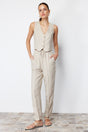 Beige Elastic Waist Straight/straight Cut Cotton Linen Woven Pants Twoss24pl00063