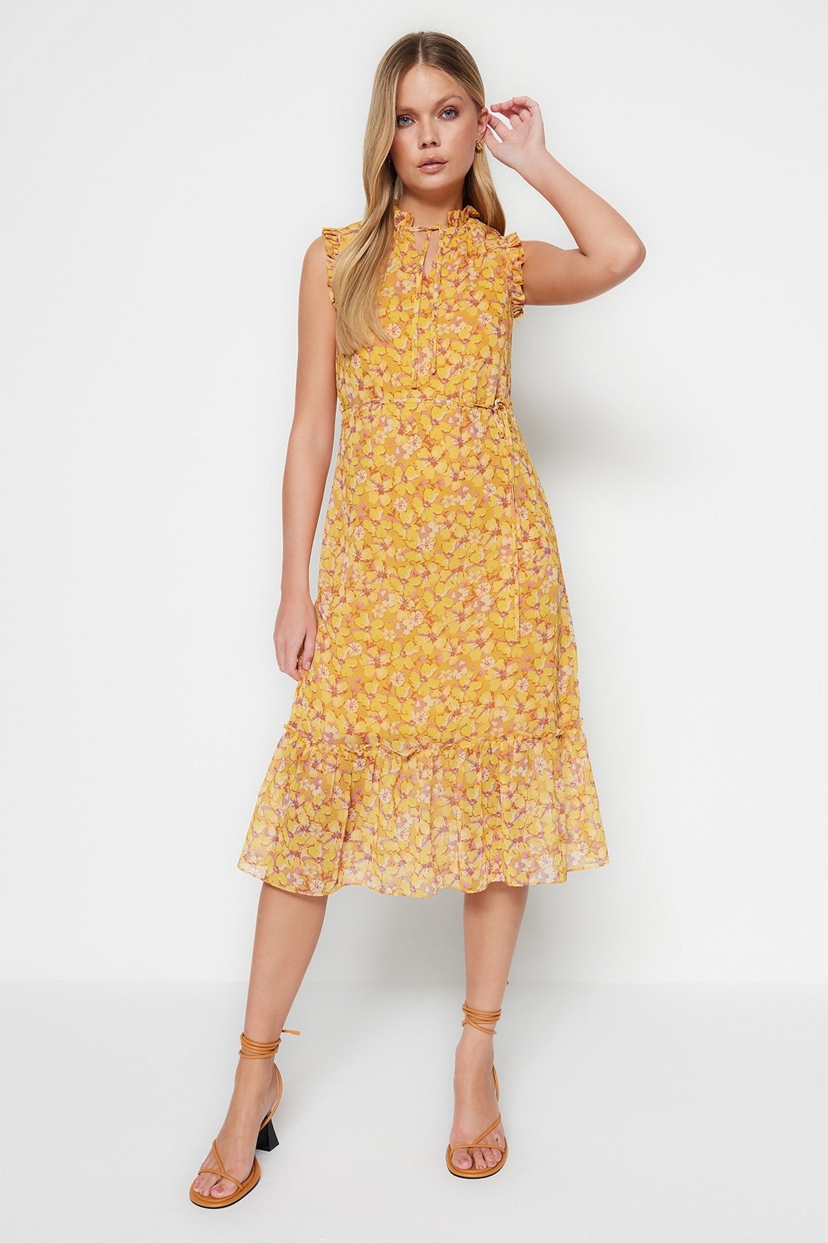 Yellow Floral Print A Cut Midi Lined Chiffon Woven Dress Twoss23el01840