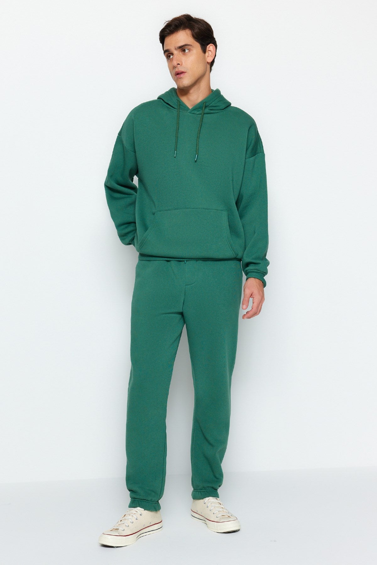 Green Men's Oversize Basic Hooded Leg Elastic Basic Inner Soft Feather Cotton Tracksuit Tmnaw24em000