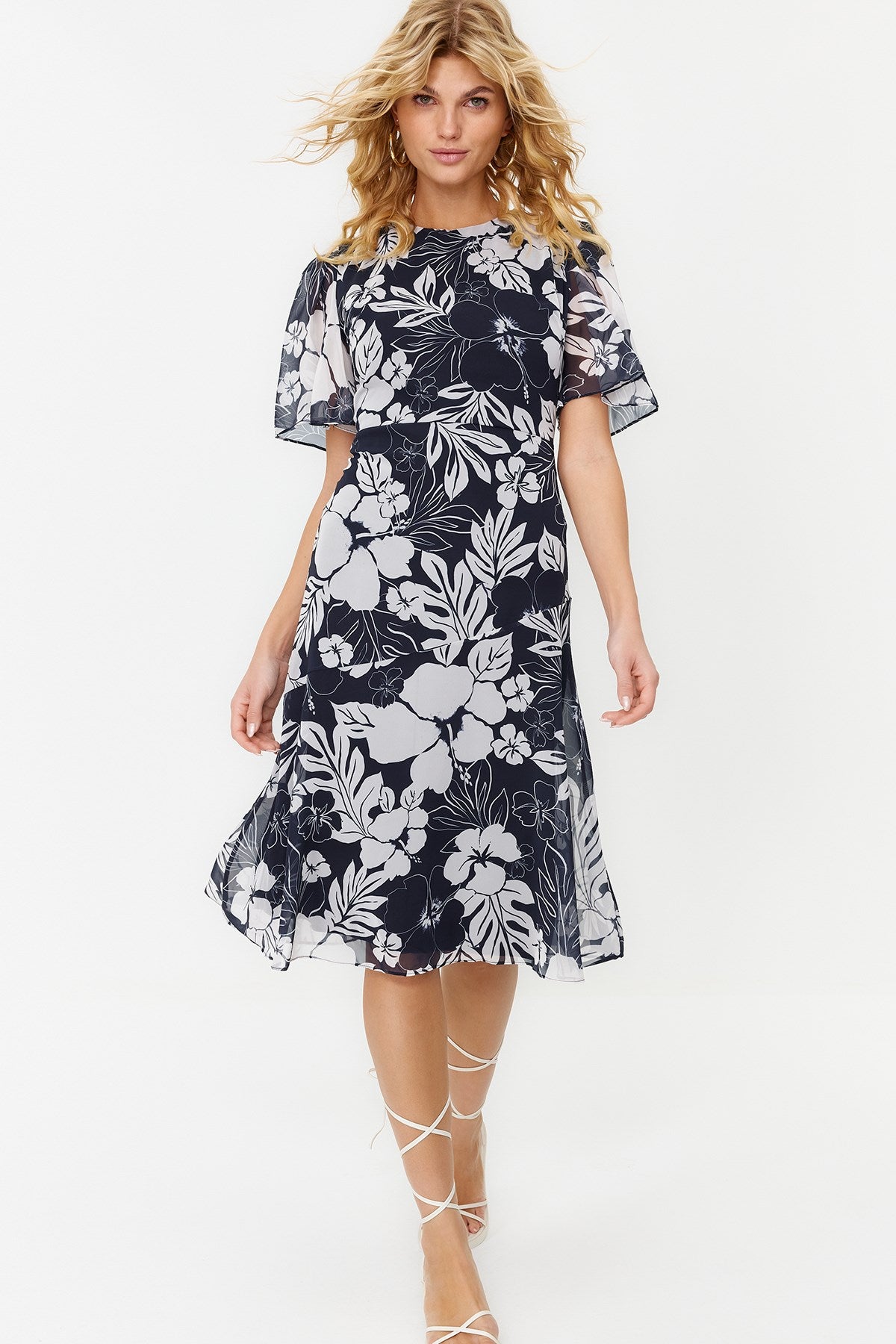 Navy Blue Floral Print A Cut Lined Midi Woven Dress Twoss20el0908