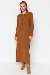 Camel Polo Collar Casual Pattern Ribbon Knitwear Dress Tctaw24eb00025