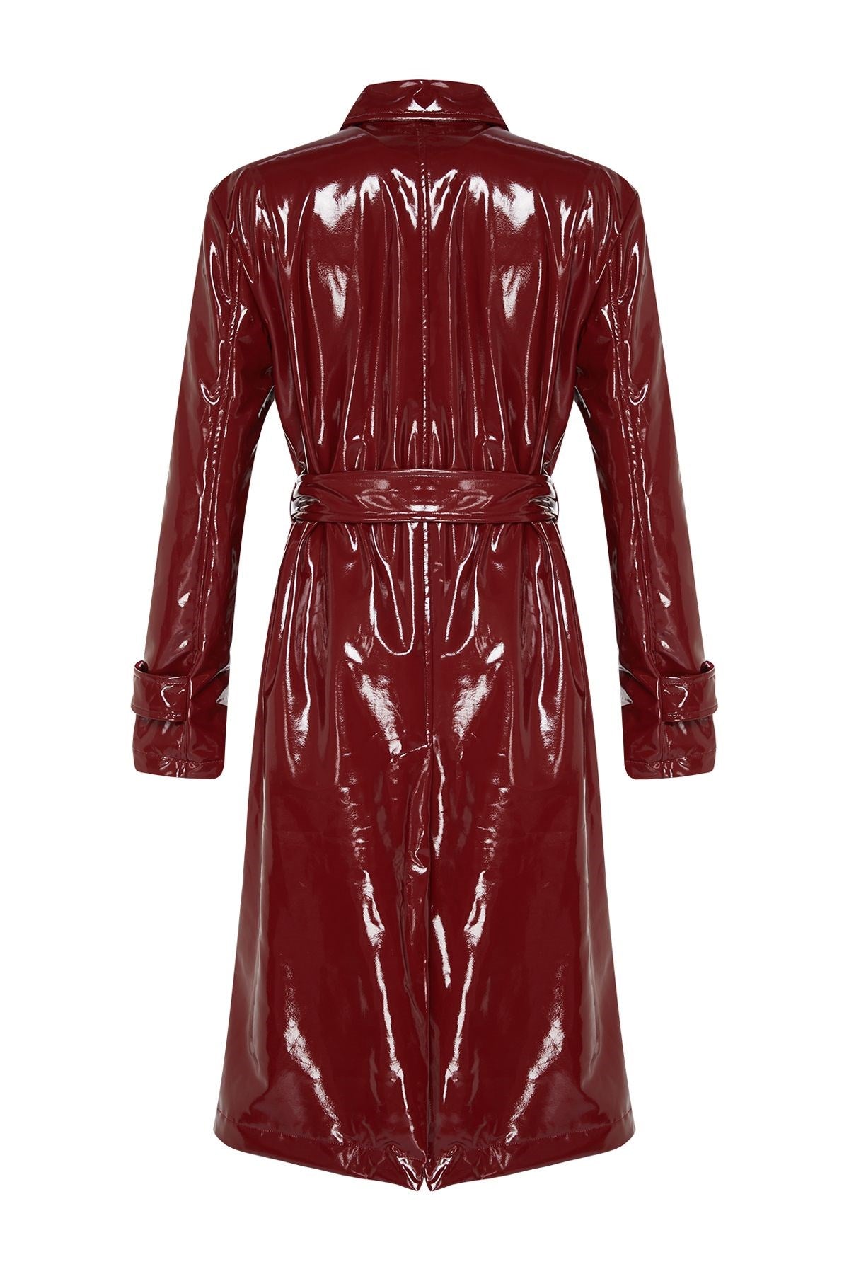 Burgundy Shiny Belted Trench Coat Twoaw24tr00067