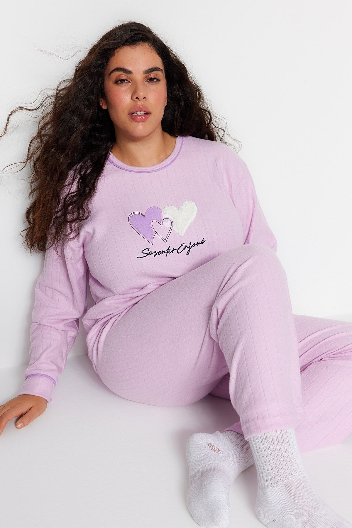 Light Lilac Stitching Detailed Knitted Pajama Set Tbbaw24ai00046