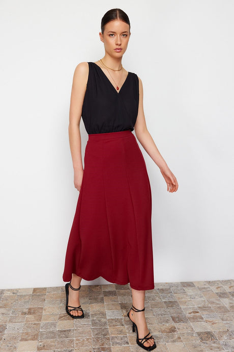 Burgundy Flared Maxi Flexible Knit Skirt Twoss24et00156