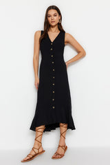 Black V Neck Button Detailed Woven Midi Shirt Dress Twoss23el02158