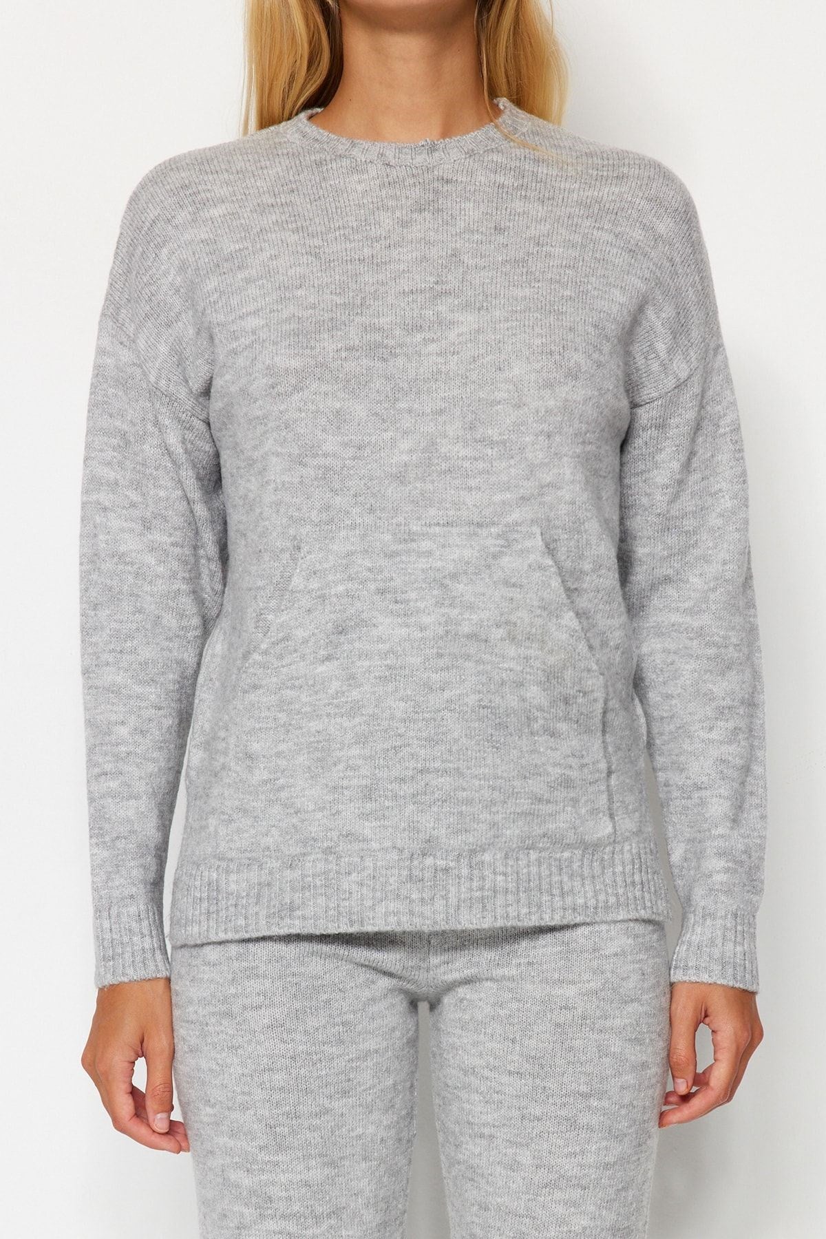 Grey Soft Textured Basic Knitwear Bottom-top Suit Twoaw24au00100