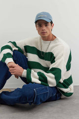 Camel Mens Oversize Fit Wide Pattern Crew Neck Striped Knitwear Sweater Tmnaw23kz00106