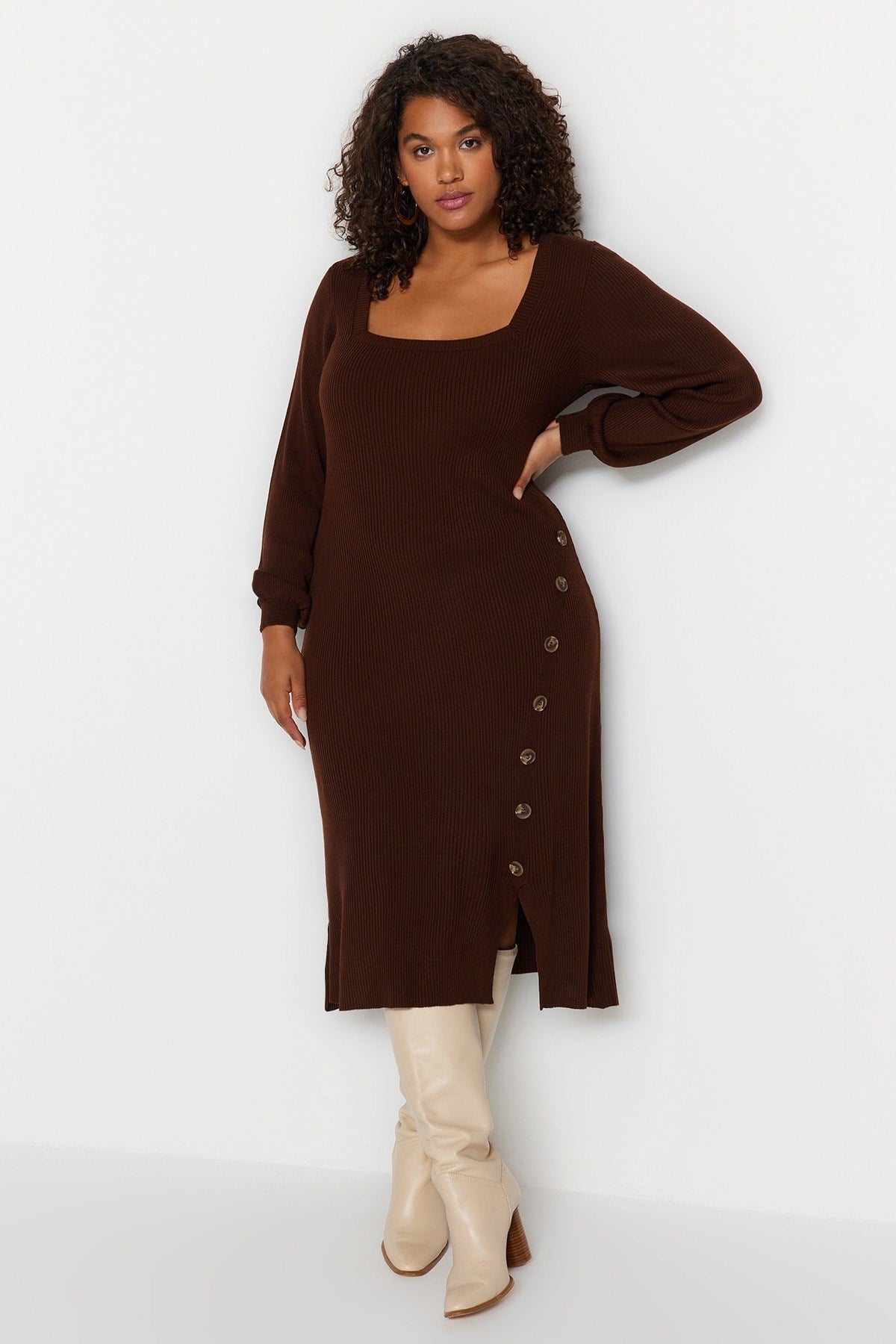 Brown Button Detailed Slit Knitwear Dress Tbbaw24ah00009