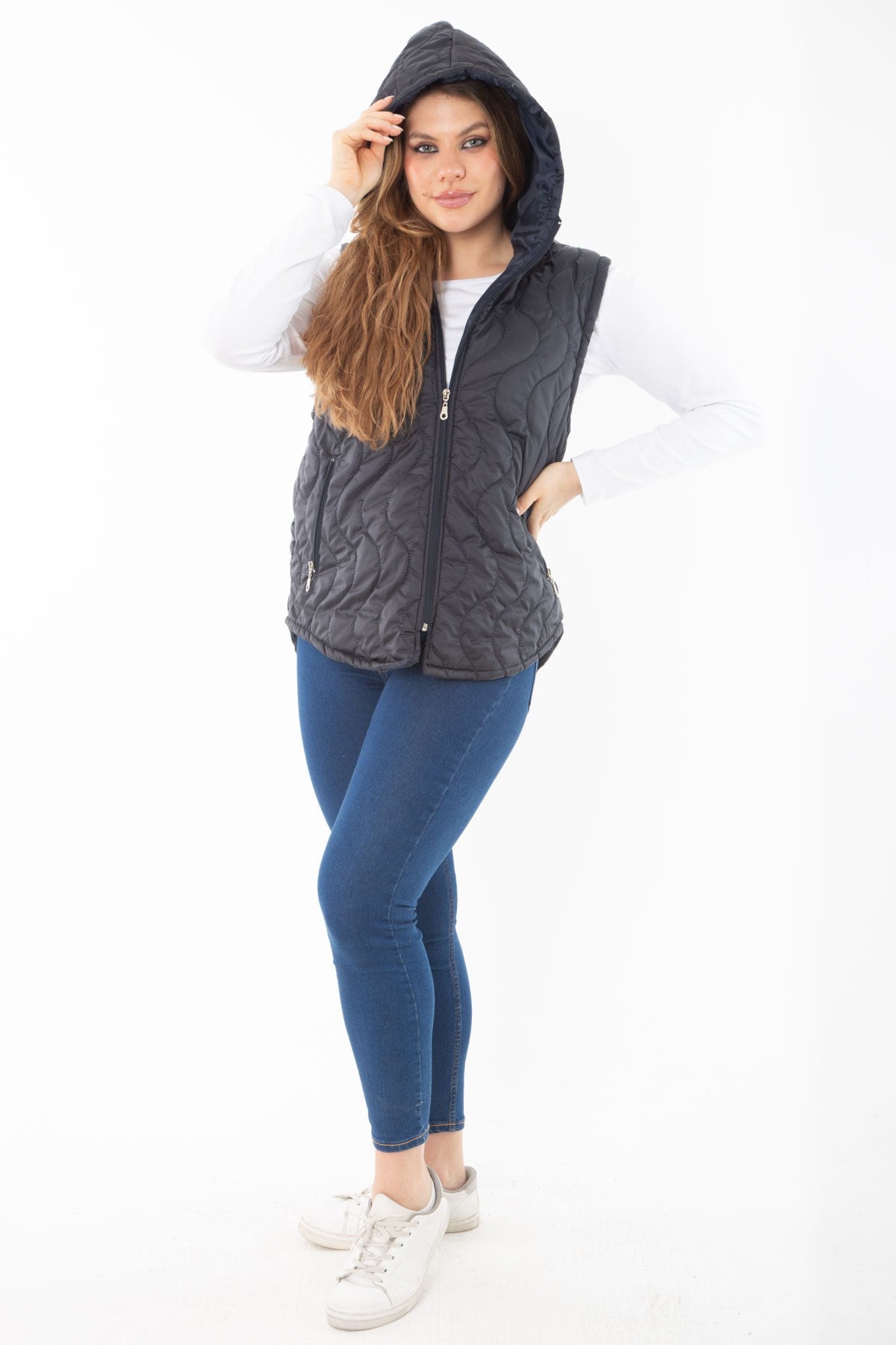 Women's Plus Size Black Front And Pocket Zipper Hooded Lined Quilted Vest 65n37282