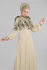 Women's Beige Sequin Sleeves Balloon Evening Dress 63393 19yablt63393