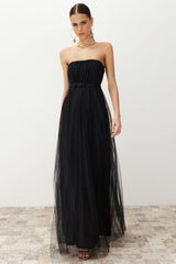 Black Tulle Knitted Long Elegant Evening Dress Tprss24ae00090