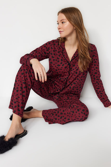 Beige Animal Pattern Shirt-pants Knitted Pajama Set Thmaw21pt0489