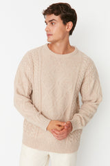 Stone Unisex Oversize Wide Pattern Crew Neck Hair Braided Knitwear Sweater Tmnaw23kz00280