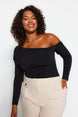 Black Asymmetric Collar Knitted Plus Size Blouse Tbbaw24af00032