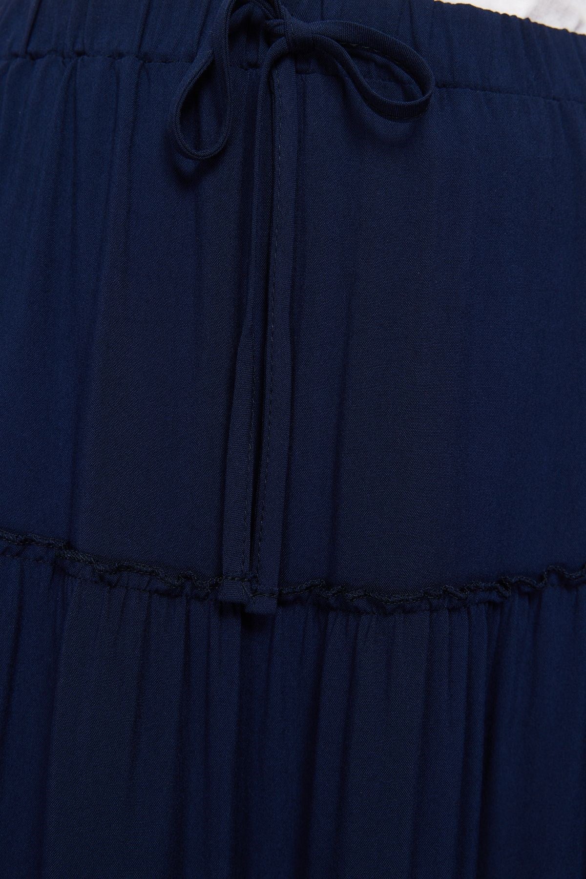 Navy Blue Waist Ruffle Detail Flared Maxi Length Woven Skirt Twoss24et00098