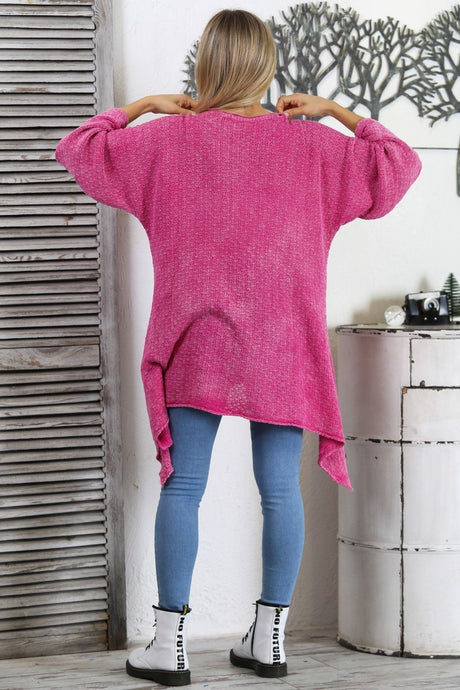 Pink V Neck Spanish Sleeve Pocket Embroidered Knitwear Asymmetric Tunic M10010500tn99549