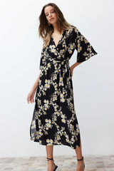 Black Belted Floral Print A Cut Double Neck Midi Woven Dress Twoss24el00915