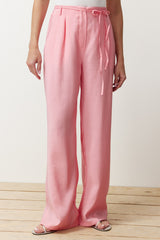 Pink Modal Content Thin Belt Pleated Wide Cut Wide Leg Woven Pants Twoss24pl00121