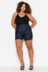 Dark Blue High Waist Flexible Skinny Sides Slit Denim Shorts & Bermuda Tbbss23ap00009