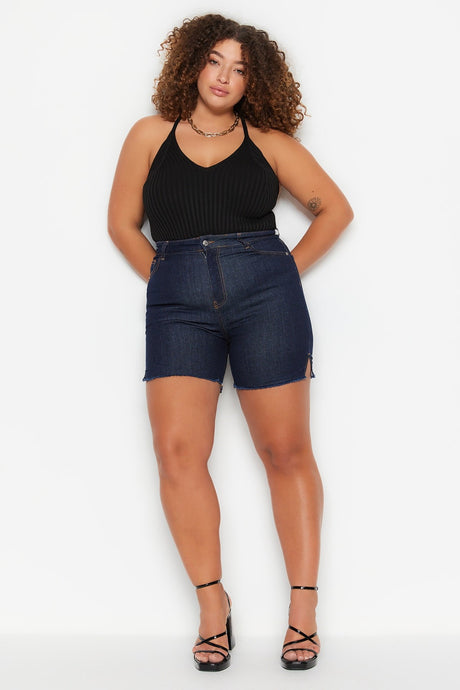 Dark Blue High Waist Flexible Skinny Sides Slit Denim Shorts & Bermuda Tbbss23ap00009