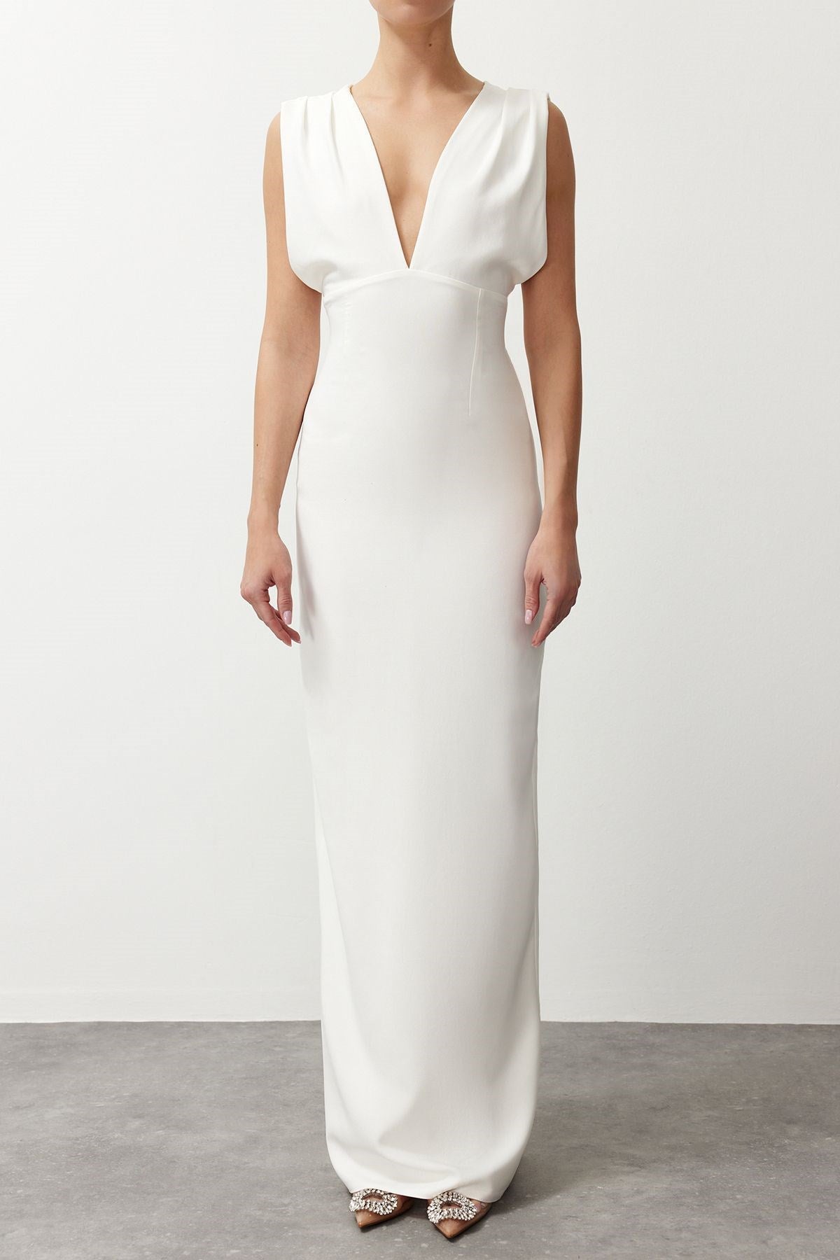 White Deep V Neck Woven Long Elegant Evening Dress Tprss24ae00147