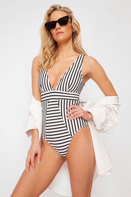 Black And White V Neck Jumper Regular Swimsuit Tbess24ma00072