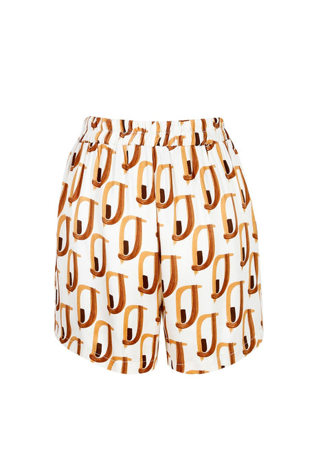 Women's Coffee Ecru Waist Printed Shorts With Elastic Pockets Lg-oz250-srt