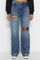 Blue Ripped High Waist Wide Leg Jeans Twoaw24je00162