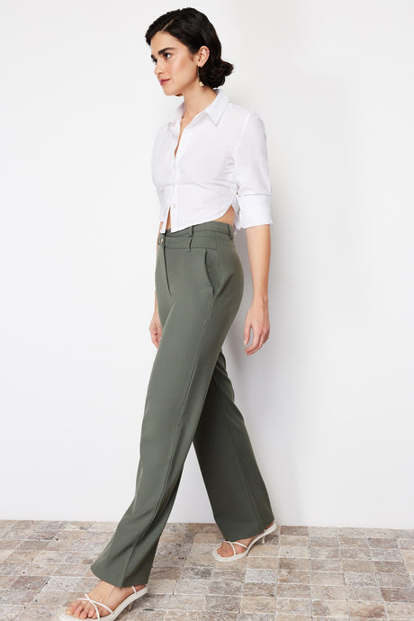 Beige Premium Straight/straight Cut Asymmetric Waist Detailed Woven Pants Twoss24pl00067