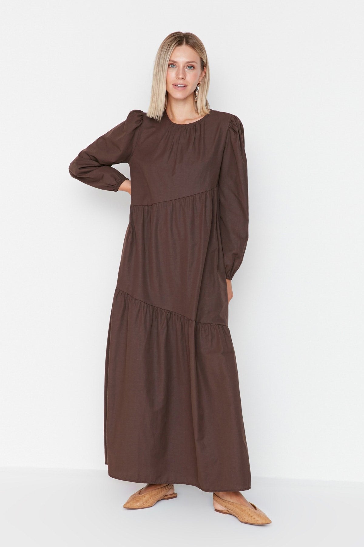 Cinnamon Ruffle Detailed Cotton Wide Pattern Woven Dress Tctss21el3470