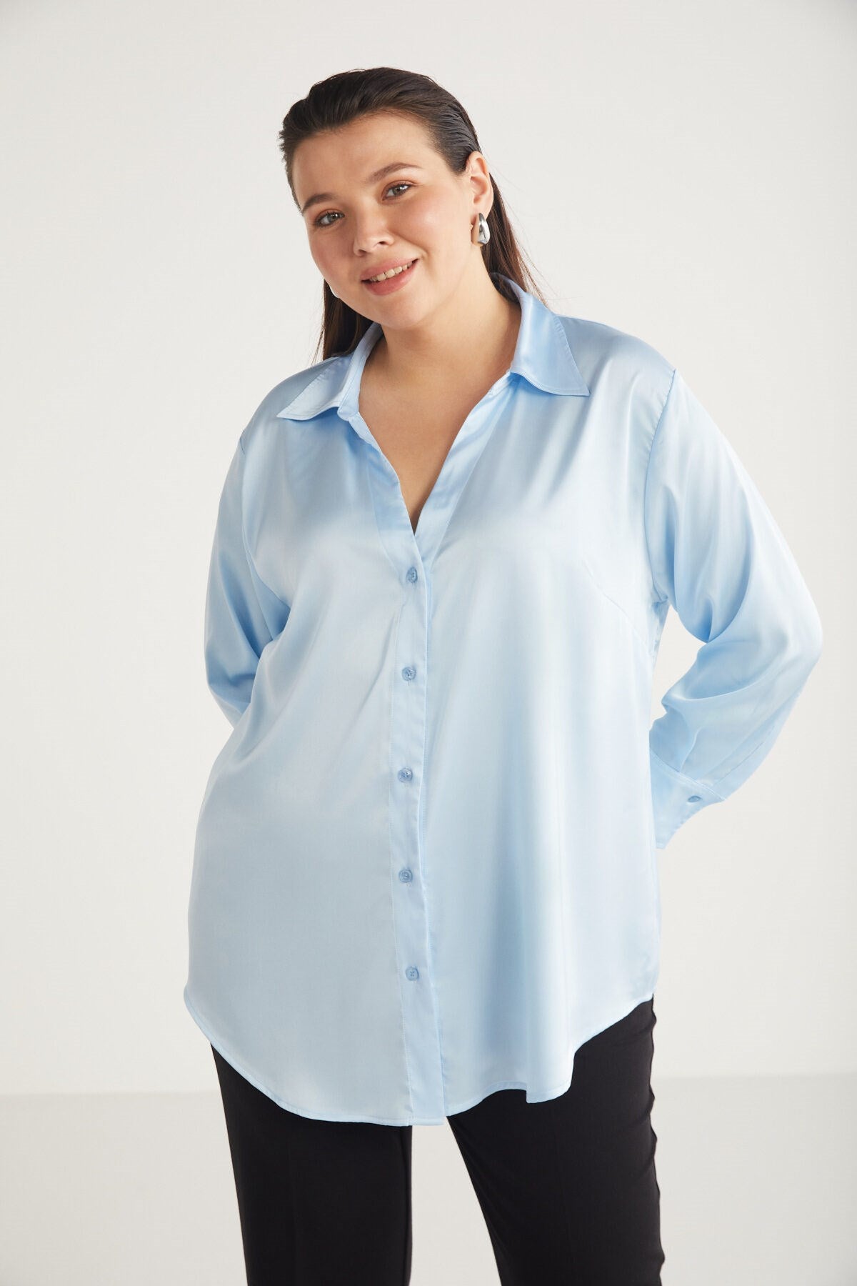 Alainabb Women's Plus Size Lycra Satin Look Cuff Wide Cut Shirt Alainabb01112023