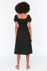 Black Waist Balloon Sleeve Midi Woven Dress Twoss22el1768