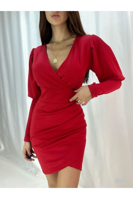 Flexible Red Crepe Fabric Geometric Single Sleeve Mini Dress Evening Dress 581975 649 Tkn-649