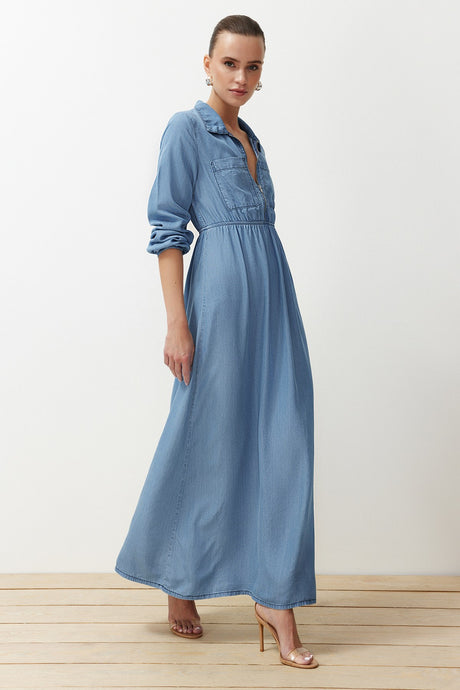 Dark Blue Midi Denim Modest Dress Twoss24el00834