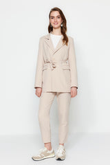 Stone Binding Detailed Lined Crepe Jacket-pants Woven Bottom Top Suit Tctss23us00044