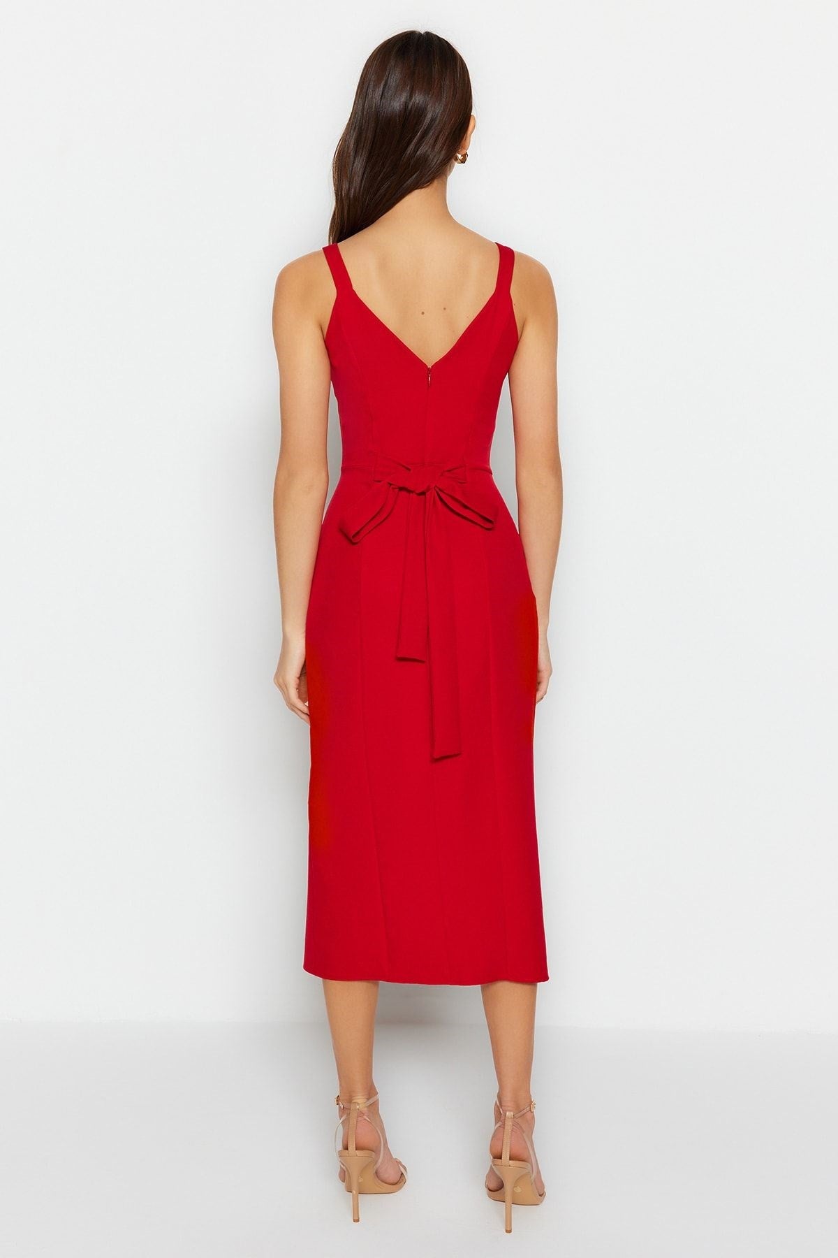 Red Belted Body-fitting Slit Detailed Midi Woven Dress Twoss23el02262