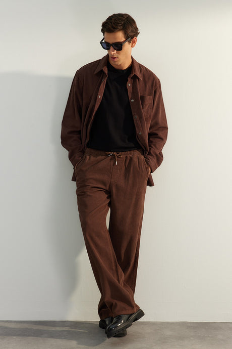 Limited Edition Brown Mens Velvet Wide Leg Pants Tmnaw24pl00009