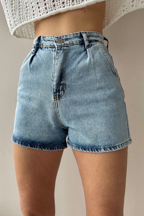 Women's Light Blue High Waist Pleated Four Pocket Jean Shorts Alc-x9963