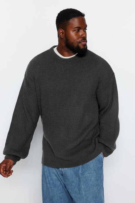 Khaki Plus Size Men's Oversize Fit Wide Pattern Crew Neck Basic Knitwear Sweater Tmnaw24an00001