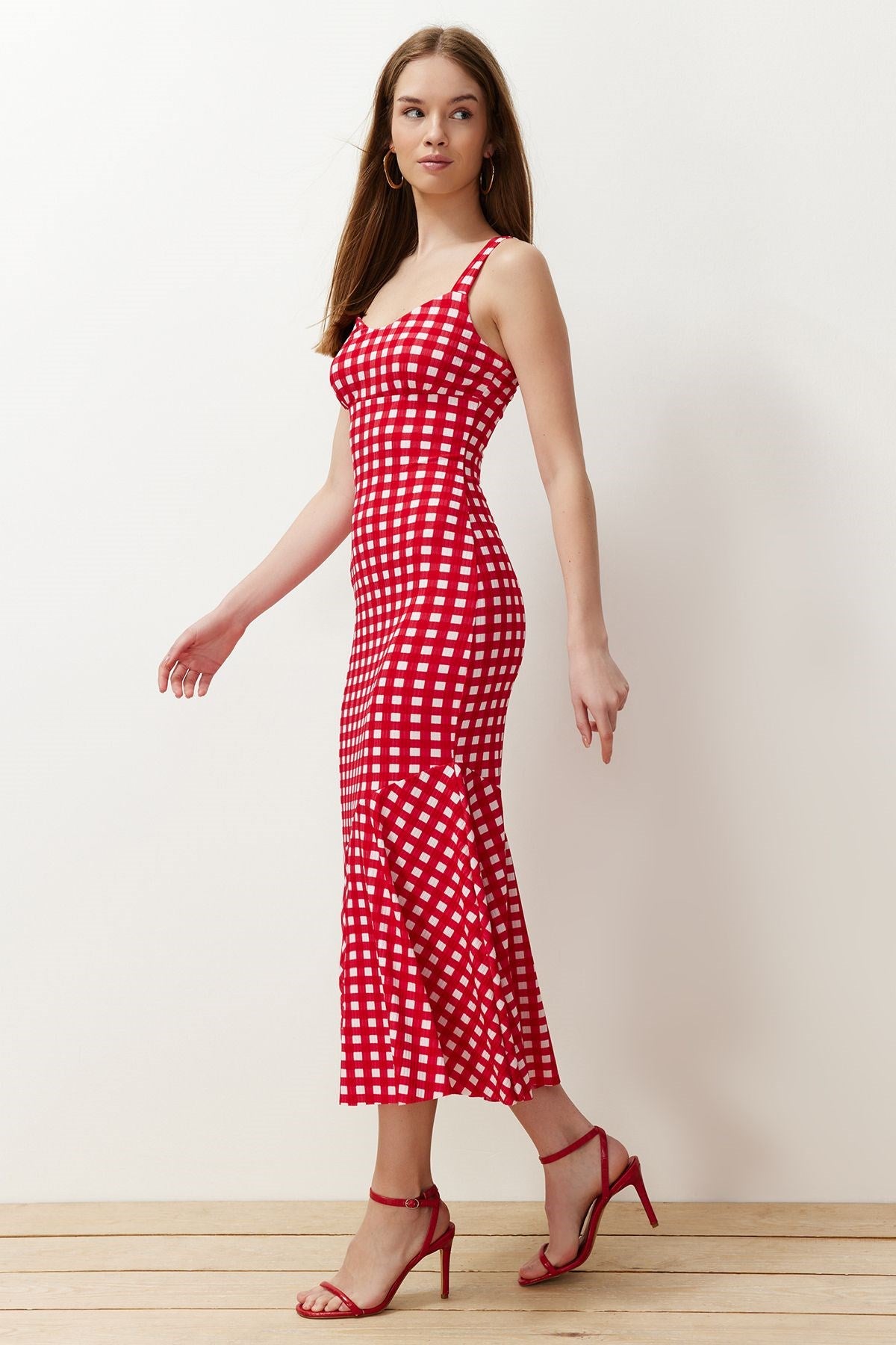 Red Plaid Strappy Body-fitting Ribbed Flexible Knitted Maxi Pencil Dress Twoss24el00682