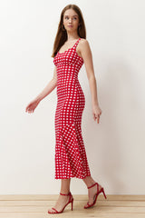 Red Plaid Strappy Body-fitting Ribbed Flexible Knitted Maxi Pencil Dress Twoss24el00682