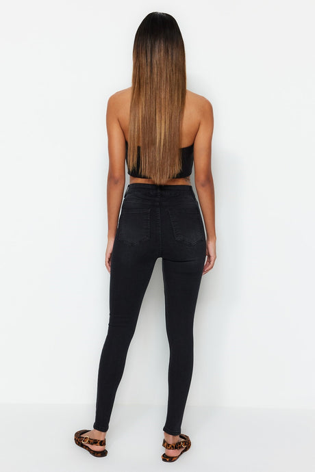 Black Thinning Effect Super High Waist Skinny Jeans Twoss23je00080