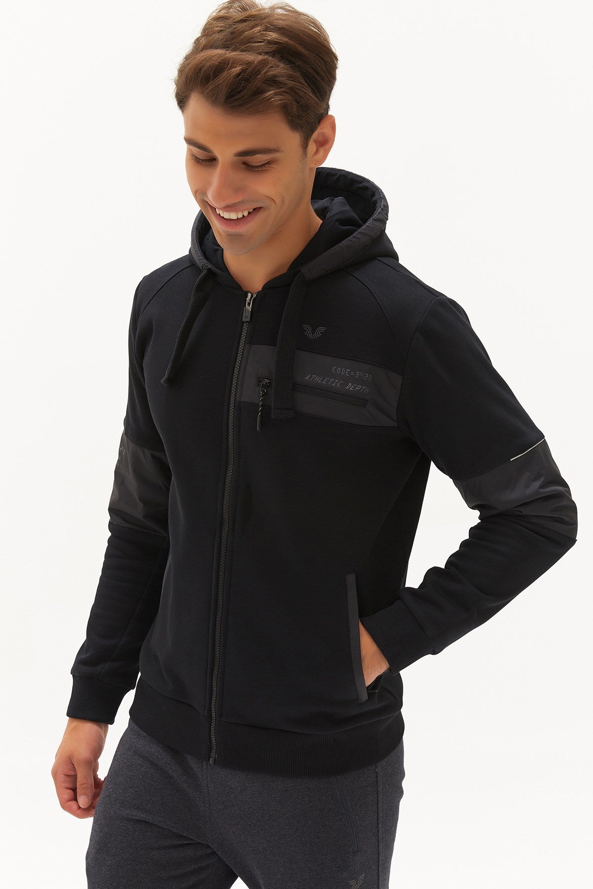 Men's Navy Blue Hooded Zipper Pocket Casual Sports Tracksuit Top 0371 Tb22ml06w0371-1