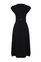 Black Belted Skirt Waist Midi Crepe Woven Dress Twoss24el00018