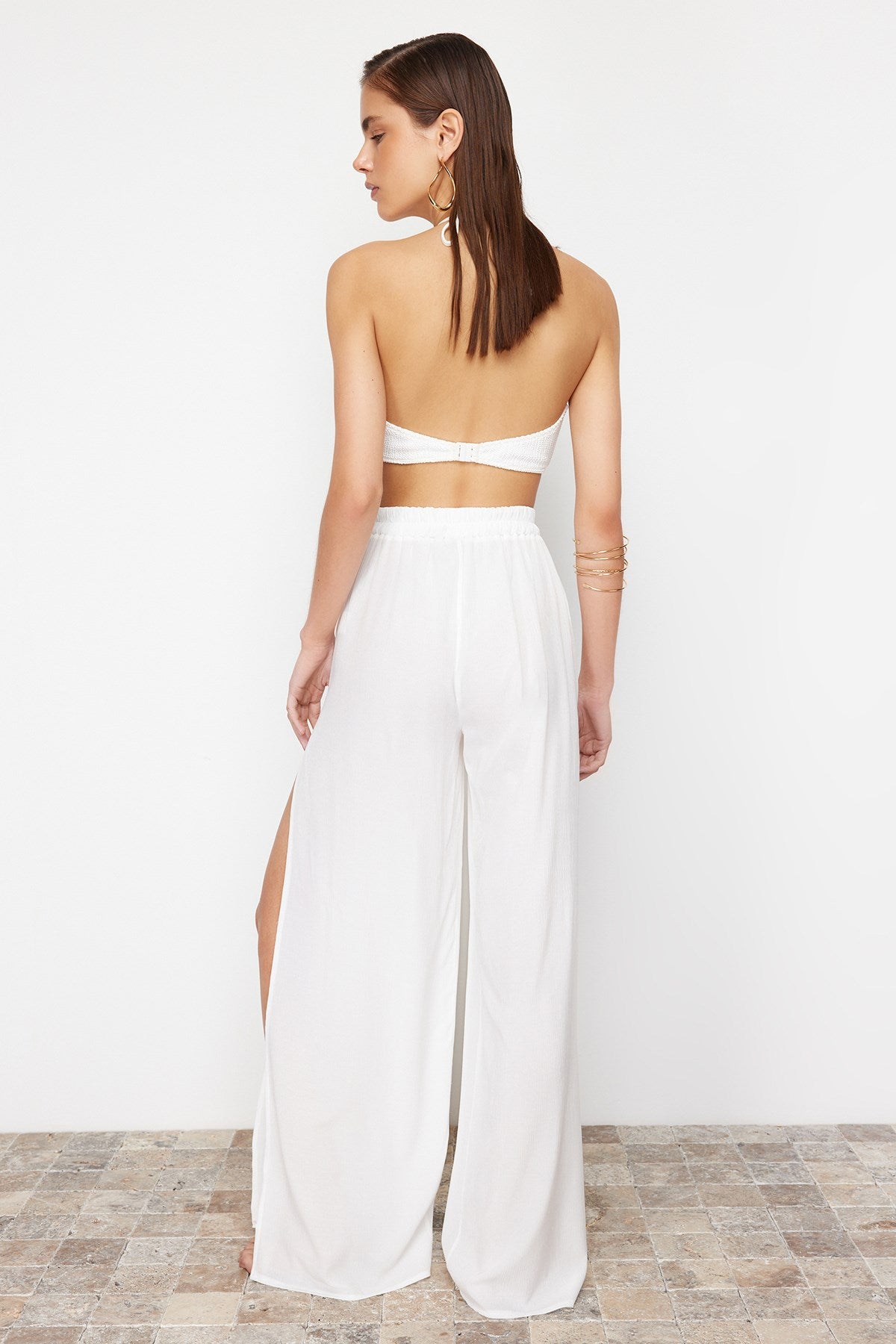 Ecru Woven Slit Pants Tbess24pl00013