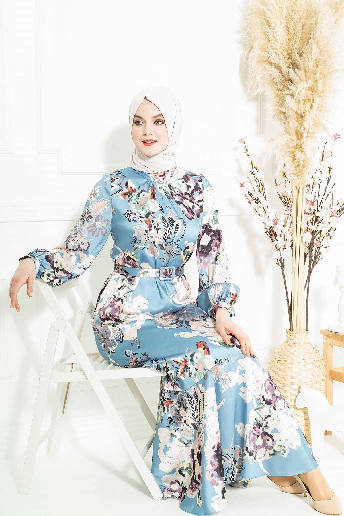 Blue Patterned Burkini Dress With Lotus Belt 5377 T22el3m5377