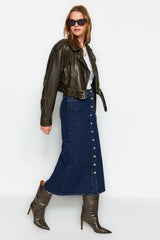 Black Button Closure Denim Jeans Skirt Tctss23ee00024