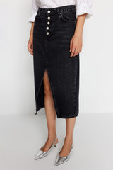 Blue Front Buttoned Slit Midi Denim Skirt Twoaw24et00063